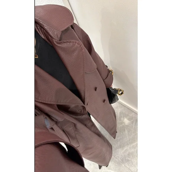 Burgundy Faux Leather Trench Coat Long Belted Jacket Women Oversized Fall - Picture 4 of 10